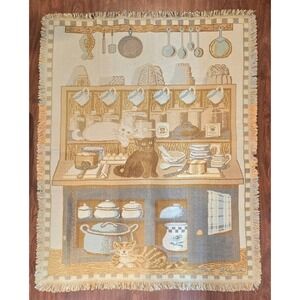 Vtg Goodwin Weavers Tapestry Throw Blanket 'Cats All Over My Kitchen' 44x59" 90s